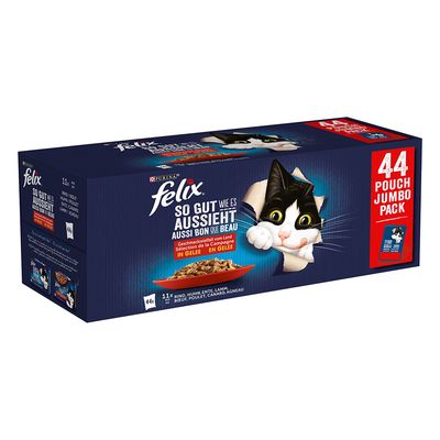 Purina Felix So gut wie es aussieht, válogatott ízek zselében vidéki válogatás. Jumbo csomag 44 tasakkal: marha, csirke, kacsa, bárány.