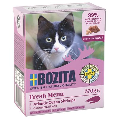 Bozita Fresh Menu garnélával, 370g. 89% állati összetevő darabokban, Made in Sweden, gabonamentes, cukor- és színezékmentes.