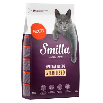Smilla Special Needs Sterilised hrana za mačke s peradi, ponovno zatvorivo pakiranje, sadrži taurin, omega masne kiseline i Yucca Schidigera. Proizvedeno u Njemačkoj, 1 kg.