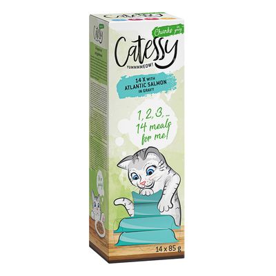 Catessy Chunks in Gravy, 14 x 85 g atlanti lazaccal. Macska illusztráció és szöveg: '1, 2, 3... 14 meals for me!'.
