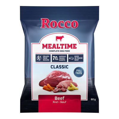 Rocco Mealtime Classic Beef. Bezzbożowa receptura, 70% składników pochodzenia zwierzęcego, bogata w świeżą wołowinę. Wielkość opakowania: 80g.