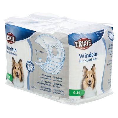 Trixie pelenkák szukáknak, S-M méret, 28-40 cm kerület. Állatorvosokkal fejlesztve. A csomagoláson termék- és kutyakép látható.