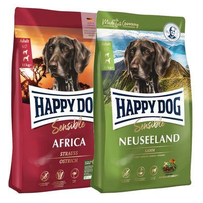 Dva pakiranja Happy Dog Sensible hrane za pse, Irland i Neuseeland, 11 kg. Crveni simbol postotka označava posebnu ponudu ili popust.