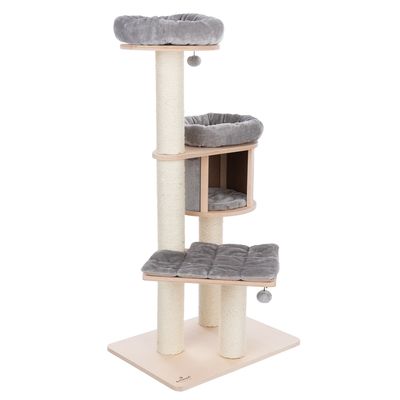 Cat tree with three levels, sisal posts and grey padded surfaces. Includes cave and resting areas. Cat lying on top level. Brand logo visible bottom left.