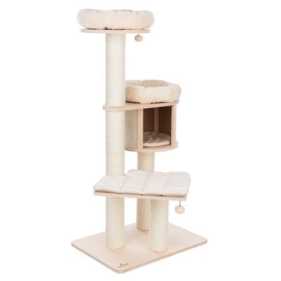 Cat tree with three levels, sisal posts and grey padded surfaces. Includes cave and resting areas. Cat lying on top level. Brand logo visible bottom left.