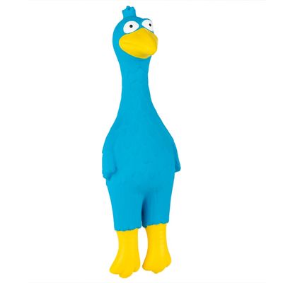 Juguete azul para perro en forma de pájaro con pico y patas amarillas.