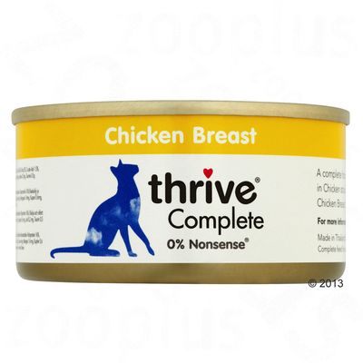 thrive Complete Chicken Breast 0% Nonsense tin with blue cat silhouette and yellow label, visible text: Chicken Breast, thrive Complete, 0% Nonsense