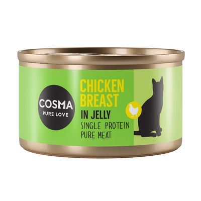 Cosma Pure Love csirkemell zselében, egyféle fehérje, tiszta hús. Zöld címke fekete macska sziluettel és csirke szimbólummal.
