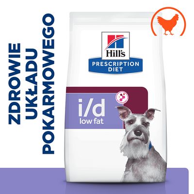 Hill's Prescription Diet i/d low fat, zdrowie układu pokarmowego, opakowanie z psem i ikoną kurczaka. Widoczny napis: PRESCRIPTION DIET, i/d low fat.