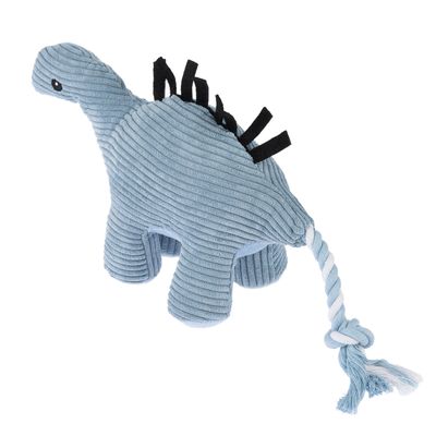 Juguete de dinosaurio de tela azul claro con púas de fieltro negras y borla de cuerda trenzada en la cola.