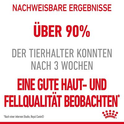 Nachweisbare Ergebnisse: Über 90% der Tierhalter konnten nach 3 Wochen eine gute Haut- und Fellqualität beobachten. Basierend auf einer internen Studie von Royal Canin.
