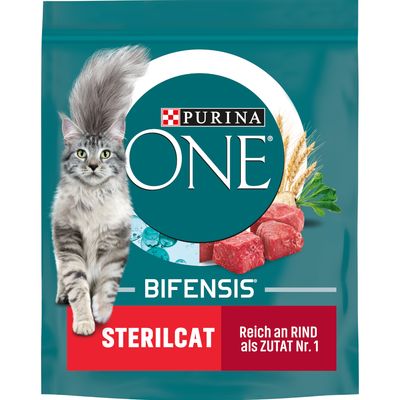 Purina ONE Bifensis Sterilcat, reich an Rind als Zutat Nr. 1. Verpackung mit Bild einer grauen Katze, Fleischstücken, Getreide und Kräutern.