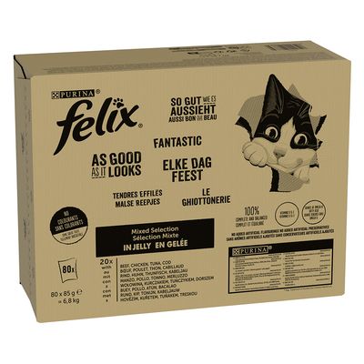 Purina Felix As Good As It Looks, halválogatás zselében, 80x85g. Színezék nélkül, kiegyensúlyozott és teljes értékű. Összetevők: lepényhal, lazac, tonhal, tőkehal.