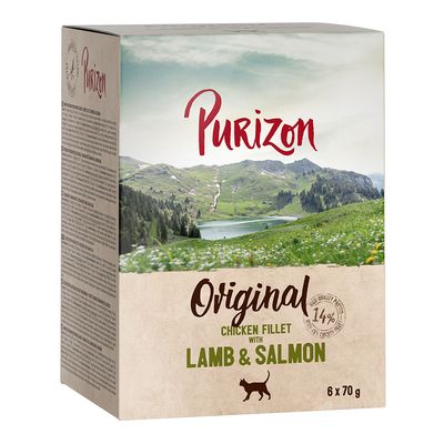 Purizon Original Mix Filet z kurczaka z łososiem, jagnięciną i dzikiem. Opakowanie 6 x 70 g. Widoczny symbol 12 porcji.