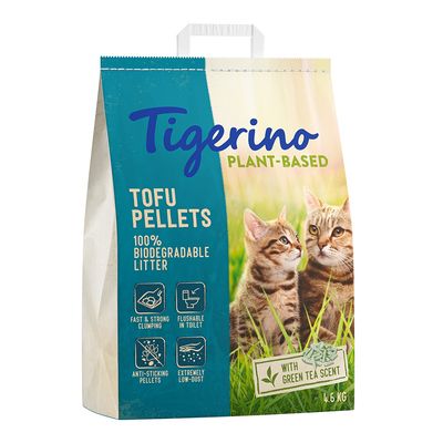 Tigerino Plant-Based Tofu Pellets, 100% biodegradable litter, green tea scent, fast clumping, flushable, non-stick, low dust, 4.6 kg.