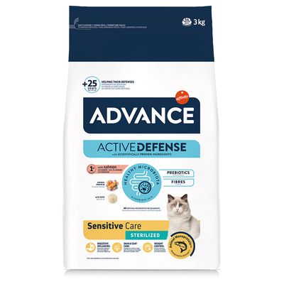 Advance Active Defense Sensitive Care Sterilized para gatos, 1,5 kg. Texto visible: Microbiota sana, con ingredientes científicamente probados. Imagen de un gato en el envase.