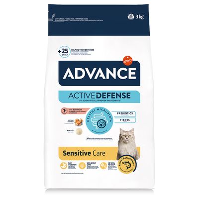 Advance Sensitive Care comida para gatos con salmón y arroz, fórmula Active Defense, prebióticos, sin conservantes artificiales, fácil digestión, cuidado de piel y pelaje, paquete de 3 kg.