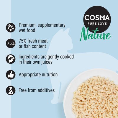 Premium supplementary wet food with 75% fresh meat or fish, gently cooked in own juices, provides appropriate nutrition and is free from additives.