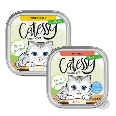 Catessy Junior macskaeledel, fajták: csirke és borjú, falatok zselében, hozzáadott cukor nélkül, 100g. Felirat: 'Oh, so juicy!' és 'Yummmmeow!'.