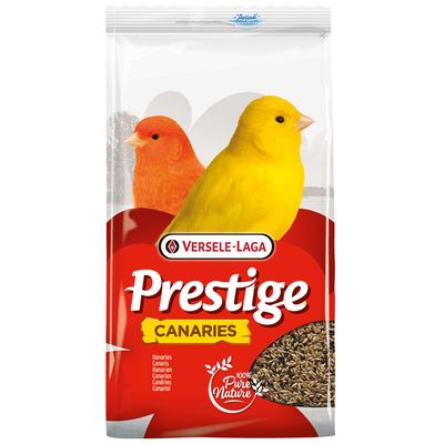 Versele-Laga Prestige Canaries, 100% Pure Nature, kanári eleség látható magvakkal. A csomagoláson sárga és piros kanári látható.