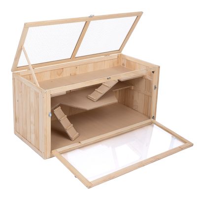Fakifutó ketrec két szinttel, rámpákkal és plexiüveg előlappal. Felső rész rácsos ablakokkal és felnyitható. Kisállatok számára alkalmas.