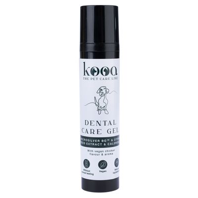 kooa Dental Care Gel z Microsilver BG™, ekstraktem z pestek cytrusów i nagietkiem. Wegańskie, bez testów na zwierzętach, naturalne składniki, aromat wegańskiego kurczaka.