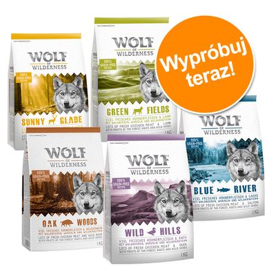 Pięć opakowań karmy Wolf of Wilderness: Sunny Glade, Green Fields, Oak Woods, Wild Hills, Blue River. Widoczny napis na pomarańczowym kole: Wypróbuj teraz!