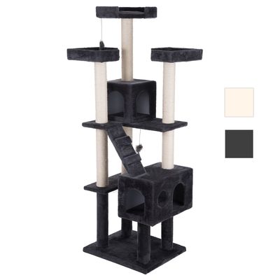 Cat tree with multiple levels, caves and sisal posts. Available in cream and dark grey.