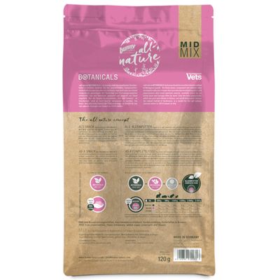 bunny all nature BOTANICALS MID MIX Vets, etetési útmutató: 120 g, piktogramok a snack és teljes értékű eledel használatról, angol és német leírás, Made in Germany felirat