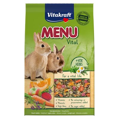 Vitakraft Menu főeledel törpenyulaknak. Németországban készült, természetes összetevők, cukor nélkül, vitaminok, ásványi anyagok, magas rosttartalom, +Vita Herbs gyógynövényekkel.