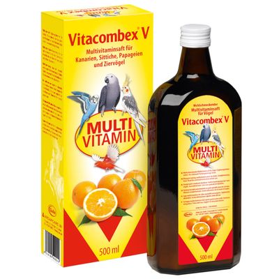 Vitacombex V jarabe multivitamínico para aves ornamentales. Etiqueta amarilla con imágenes de loro, periquito, canario y otras aves ornamentales. Texto: Multi Vitamin.
