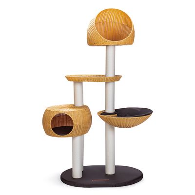 Light rattan cat tree with three levels: enclosed cave, open lounging area and basket. Sisal-wrapped posts on black base.