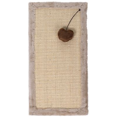 Sisal scratching mat with plush border and brown toy heart on a string.