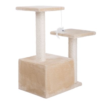 Cat tree with two levels, beige plush cover and sisal posts. Includes hanging toy in the shape of a white mouse.