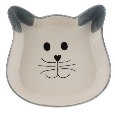 Keramiknapf in Katzenform mit grauem Rand und schwarzem Katzengesicht-Design, geeignet für Futter oder Wasser.