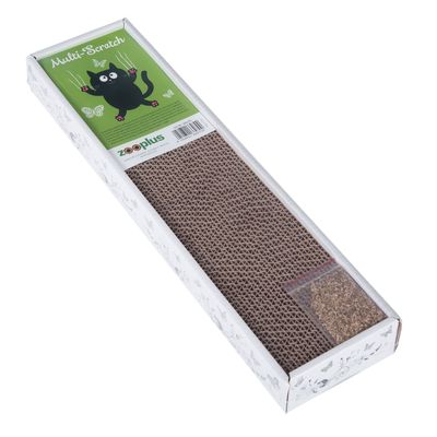 Zooplus Multi-Scratch cardboard scratching board with bag of catnip, packaging features green design with black cat and butterflies.