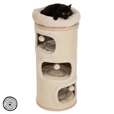 Cat tree in cylindrical shape with three levels, padded resting areas and play balls. Black cat lying on the top platform.