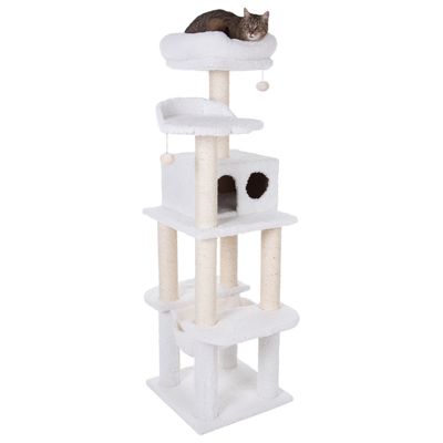 White cat tree with multiple levels, cave, resting areas and play balls. Cat lying on the top platform.
