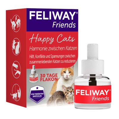 FELIWAY FRIENDS zestaw startowy: opakowanie, dyfuzor i wkład 48 ml. Widoczne koty na opakowaniu oraz tekst: 30 Tage/START-SET, Diffuser & flacon 48 ml.