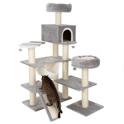 Grey cat tree with multiple levels, cave, hammock and sisal scratching surfaces. Cat uses the angled scratching surface.