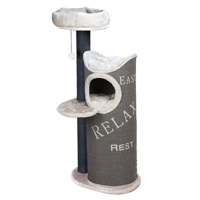 Cat tree with two lounging platforms, cave and toy. Two Siamese cats on the upper levels. Text on cat tree: 'RELAX' and 'REST'.