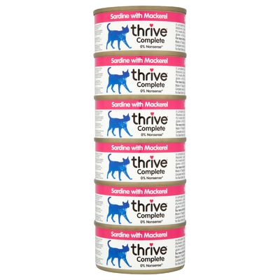 Stack of six tins labelled 'Sardine with Mackerel', 'thrive Complete', and '0% Nonsense*'. Each tin shows a blue animal silhouette. Product details are printed on the side.