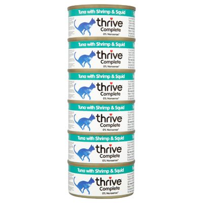 Stack of six tins labelled 'Tuna with Shrimp & Squid', thrive Complete, 0% Nonsense.