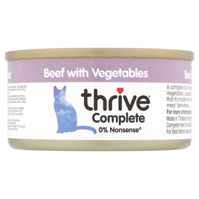 Tin labelled 'Beef with Vegetables', thrive Complete, 0% Nonsense. Includes a blue cat silhouette and product information text.