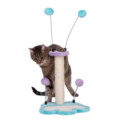 Scratching post with sisal column, blue-purple flower-shaped base and play balls on springs. Cat interacting with the scratching post.