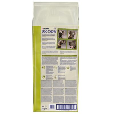 Purina Dog Chow csomagolás termékinformációkkal, kutyák képeivel és etetési ajánlásokkal. Súly: 14 kg.