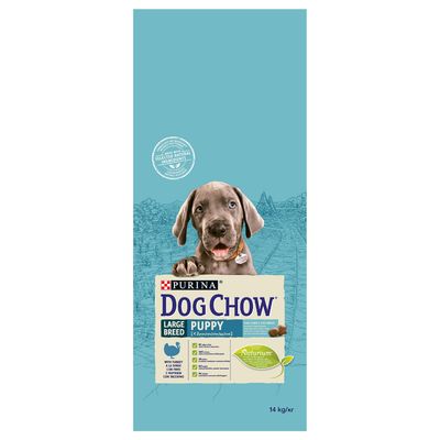 PURINA DOG CHOW Large Breed Puppy száraztáp, pulykával, nagytestű kölyökkutyáknak, 14 kg. Naturium formula felirat látható a csomagoláson.