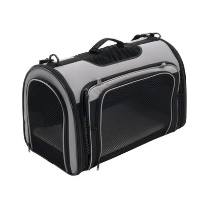 Bolsa de transporte de material gris y negro con ventanas de malla, asa y cremalleras. Adecuada para el transporte seguro de mascotas.