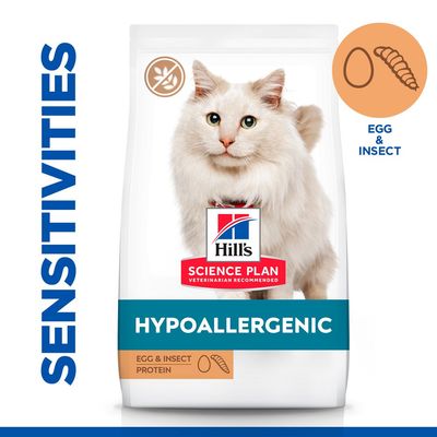 Hill's Science Plan Hypoallergenic hrana za mačke, protein iz jaja i insekata, natpis SENSITIVITIES, slika bijele mačke na pakiranju.