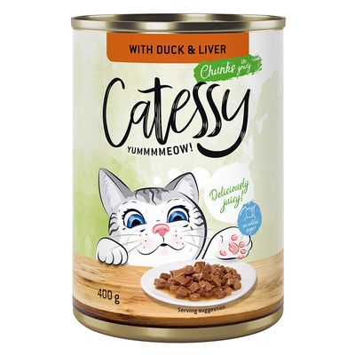 Catessy macskaeledel konzerv, 400 g, kacsával és májjal. Csomag: 24×400g. Feliratok: YUMMMEOW!, Deliciously juicy!, no added sugar.